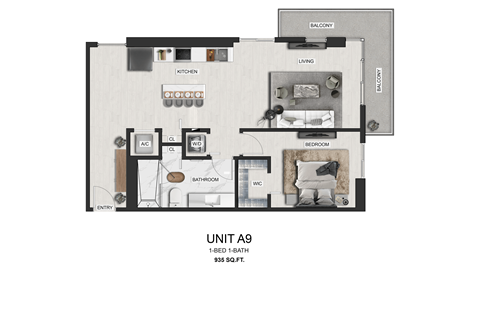 Floor plan for 1 bed, 1 bath, 935 sqft